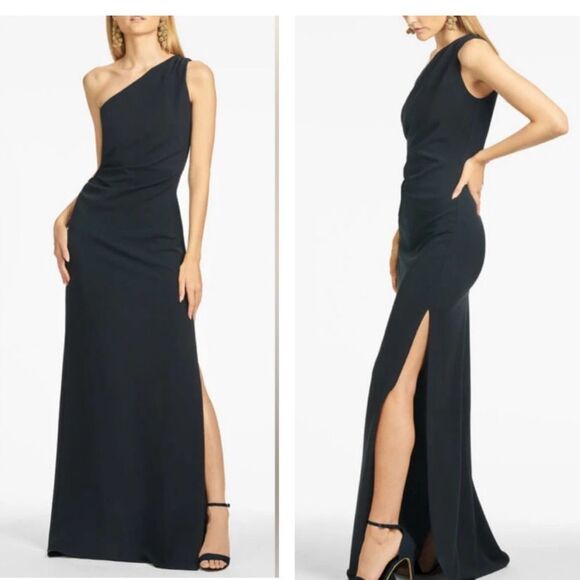 NWT Sachin & Babi Navy one shoulder crepe gown with 4 way stretch navy size 12 - Picture 1 of 14
